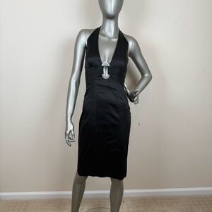 Cache Vintage 90’s Silk Knee Length Black Halter Dress w/rhinestone accents sz2